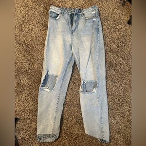 Missguided Blue Straight Leg Jeans with Distressed Details